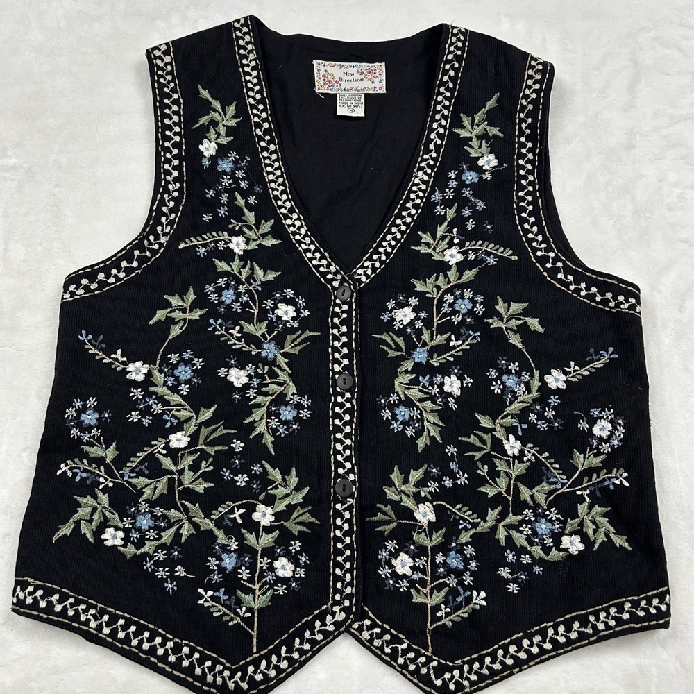 New Direction Vest Womens Medium Black Floral Embroidered Corduroy Folk Boho